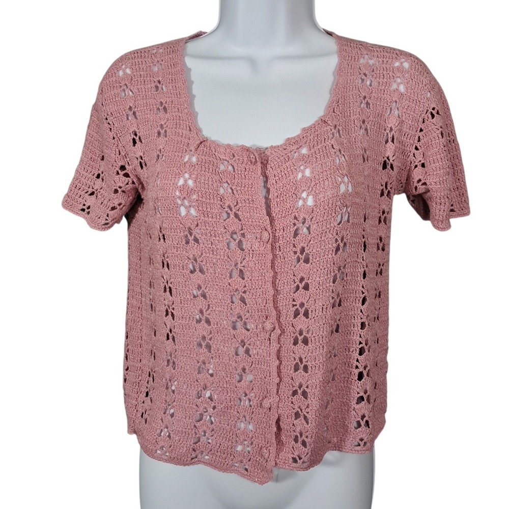 Handmade Granny Square Crochet Cardigan Boho Pink Short Sleeve Sweater Medium